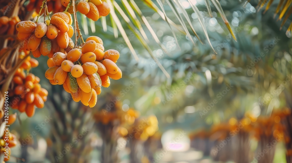 Lush Date Palm Grove with Clusters of Sweet, Ripe Dates Lush Date Palm Grove with Clusters of Sweet, Ripe Dates