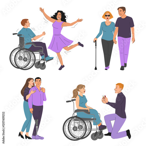 Romantic couples of people with disabilities vector isolated. Collection of happy couples in love. Person in wheelchair having fun and dancing. Man with prosthetic leg with wife. Making proposal.