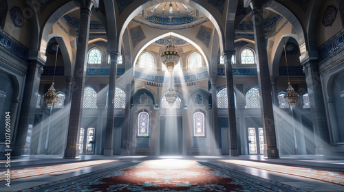 A beautifully lit interior of a mosque with intricate designs and large arches.