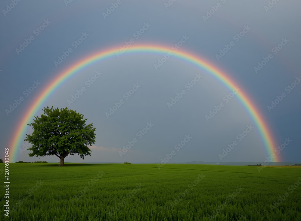 Serene Landscape Vibrant Rainbow Arcing Over Lush Green Field and Solitary Tree Serene Landscape Vibrant Rainbow Arcing Over Lush Green Field and Solitary Tree