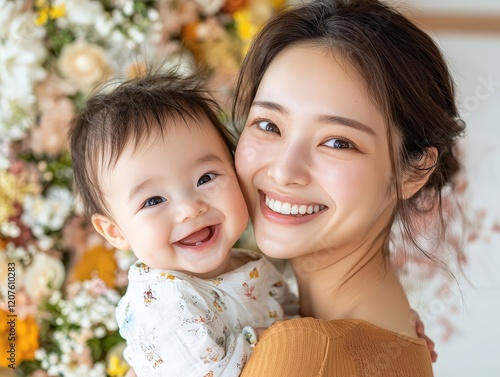 Joyful mother and baby smiling together in a beautiful floral background capturing pure happiness and love between them photo