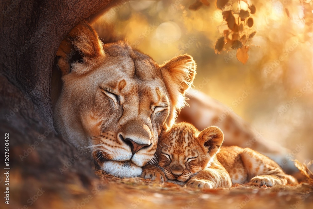 Naklejka premium A lioness and her cubs resting in the shade of a tree in Zimbabwe vast savanna, with golden grass stretching into the horizon