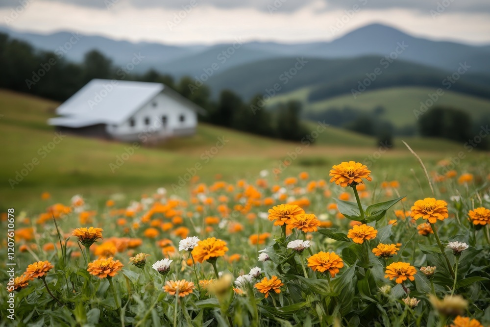 Fototapeta premium A lush cluster of zinnia flowers growing wild along a rural roadside, with rolling hills in the background