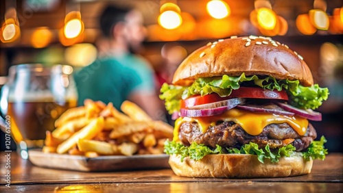 Close-up of a delicious juicy burger being devoured in a crowded sports bar, grill, meat