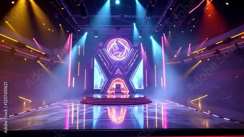 Empty Gaming Arena Stage with Neon Lights and Spotlights