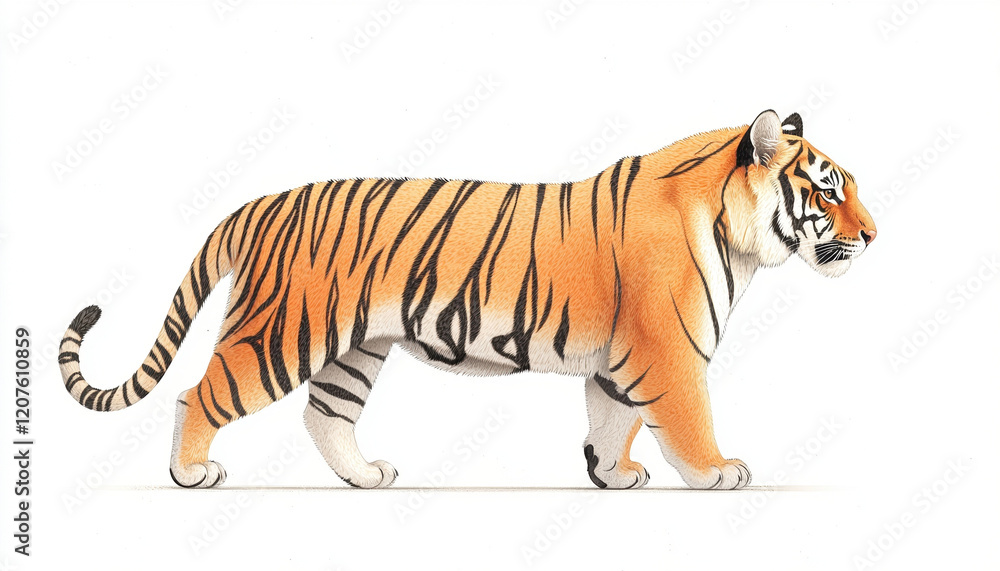 Obraz premium detailed illustration of tiger walking gracefully, showcasing its vibrant orange fur and distinctive black stripes. artwork captures majestic essence of this wild animal