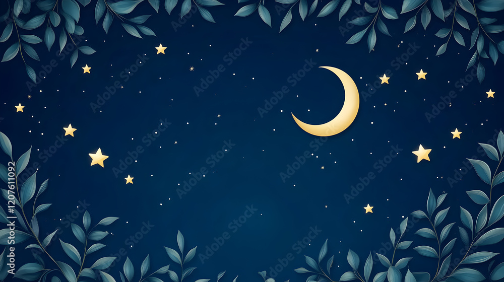 Fototapeta premium Crescent moon and stars shining over night sky with leaves frame with copy space