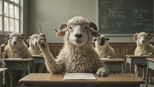 Fototapeta Naklejka Na Ścianę i Meble -  Animal students in a classroom sheep with glasses answering question other animals attentive