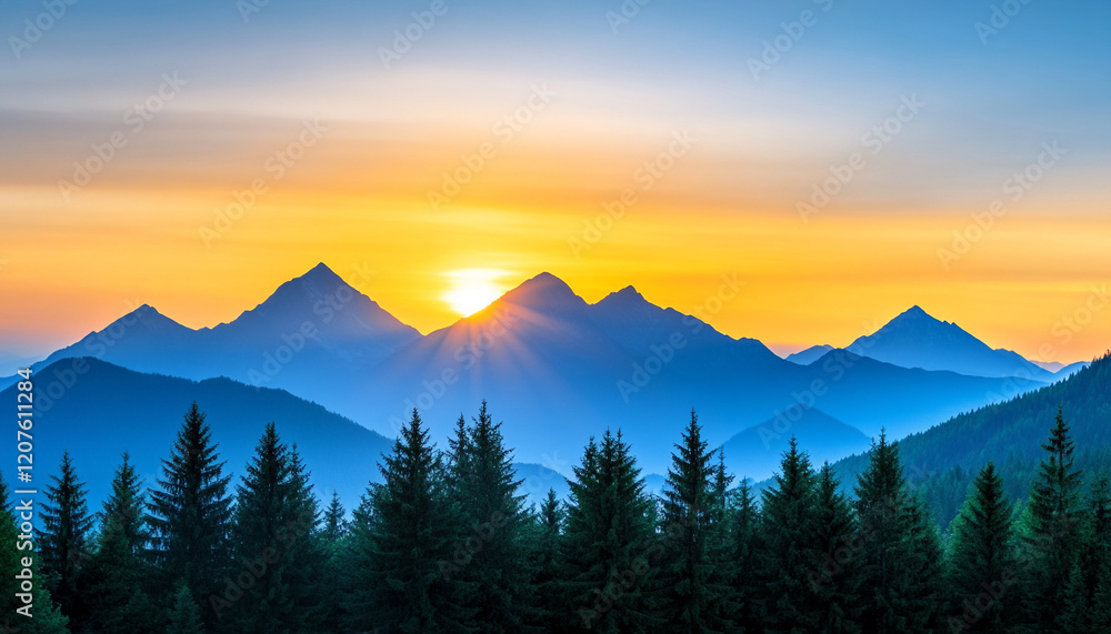 Breathtaking mountain sunset view with vibrant colors and lush forests.