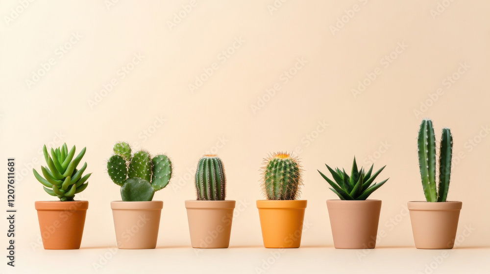 A Row of Potted Cacti: A minimalist collection of potted cacti, a mix of various types, standing in a row against a neutral backdrop, exudes a sense of calm and serenity. A Row of Potted Cacti: A minimalist collection of potted cacti, a mix of various types, standing in a row against a neutral backdrop, exudes a sense of calm and serenity.