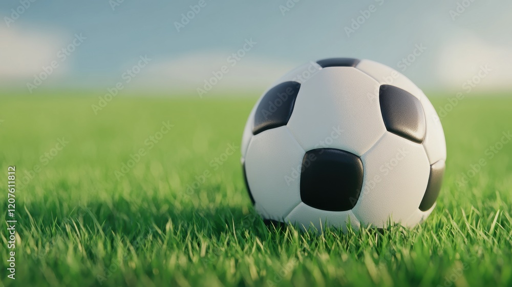 Fototapeta premium Soccer Ball on Green Field: A classic black and white soccer ball rests on a vibrant green field under a bright, sunny sky, ready for the next big game.