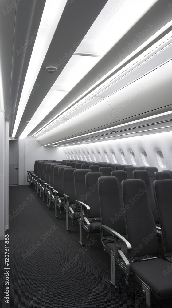 Fototapeta premium Modern Airplane Cabin Interior Empty Seats Bright Lighting Clean Design
