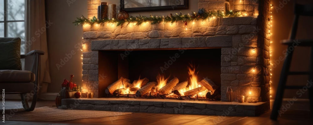 Christmas lights reflected in the warm glow of a fireplace, reflection, fireplace