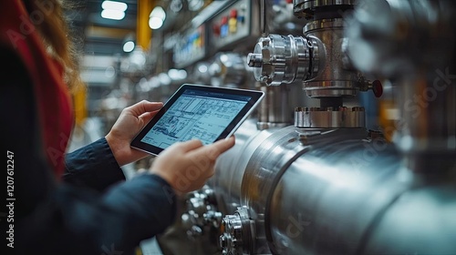 Factory worker using tablet, industrial plant background
