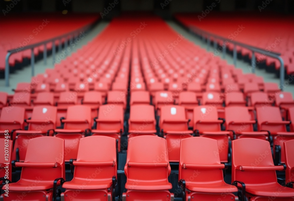 Fototapeta premium Red tribunes. seats of tribune on sport stadium. empty outdoor arena. concept of fans. chairs for audience. cultural environment concept. color and symmetry. empty seats. modern stadium