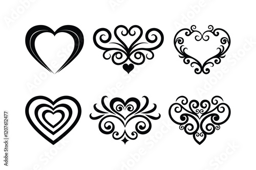 Heart flowers ornaments, Black and white heart designs, ornate swirling patterns, decorative love symbols, vintage filigree hearts, romantic line art, intricate heart motifs