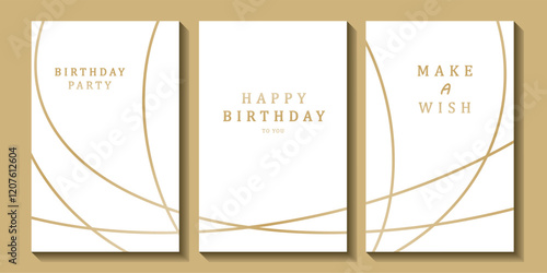 Set of luxury birthday cards on a white background. Modern gold and white design. Golden elegant geometric pattern, gold line on light background. Premium design illustration for birthday party.
