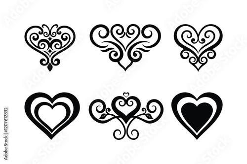 Heart flowers ornaments, Black and white heart designs, ornate swirling patterns, decorative love symbols, vintage filigree hearts, romantic line art, intricate heart motifs
