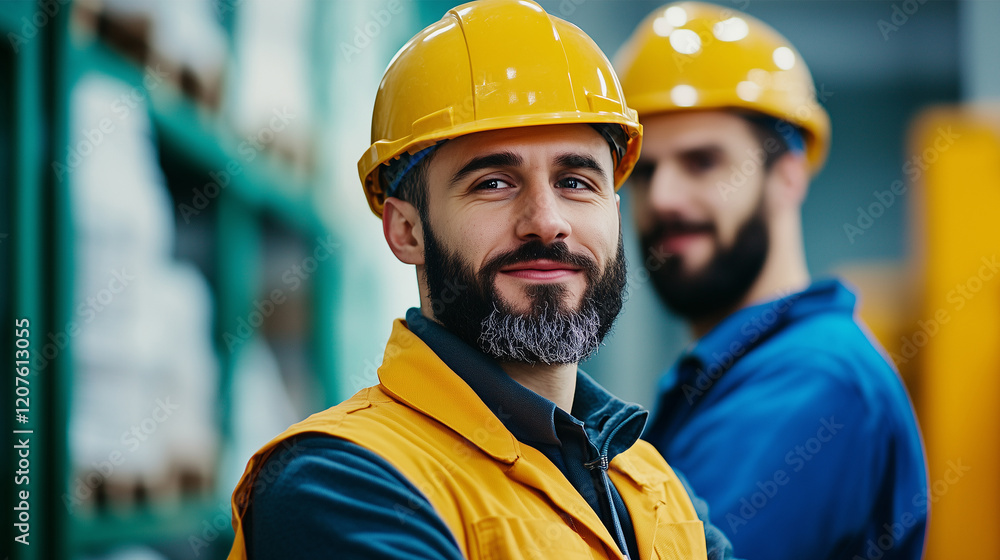 Men Working on Construction Site, Wearing Safety Gear and Yellow Helmets (Hard Hats), Building House or Structure, Team of Builders, Architects, Foreman at Worksite. Men Working on Construction Site, Wearing Safety Gear and Yellow Helmets (Hard Hats), Building House or Structure, Team of Builders, Architects, Foreman at Worksite.