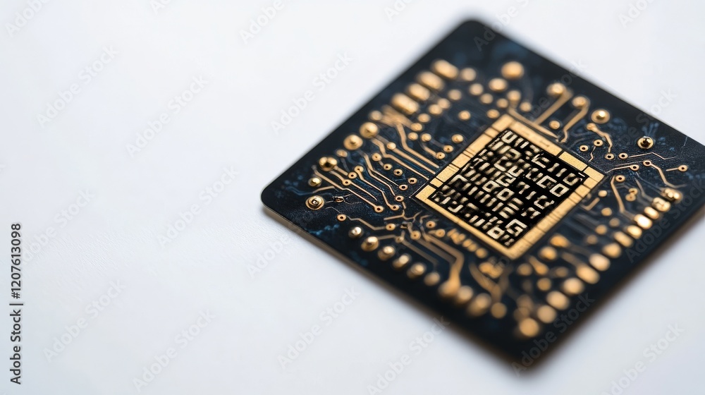 Close-up of a microchip with intricate gold circuitry design on a dark background showcasing technology and innovation in modern electronics. Close-up of a microchip with intricate gold circuitry design on a dark background showcasing technology and innovation in modern electronics.