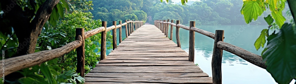 Fototapeta premium Discover the serene beauty of a lush forest trail, promoting environmental awareness and wildlife conservation Embark on an adventure tourism journey through nature's embrace, preserving its pristine