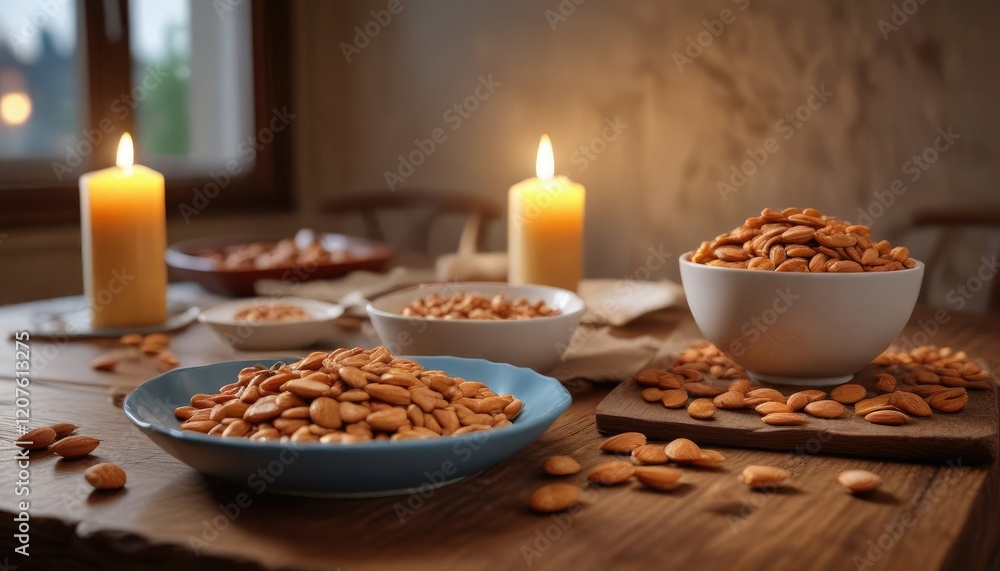 Candlelit table with a cereal bar and a bowl of crunchy almonds, , cozy winter scene Candlelit table with a cereal bar and a bowl of crunchy almonds, , cozy winter scene