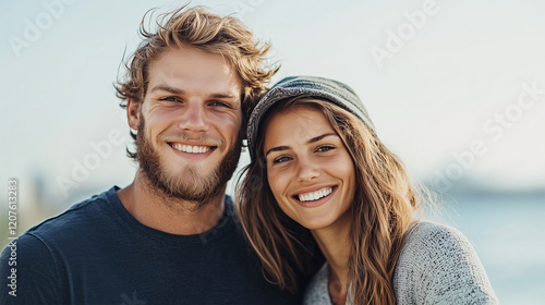 Young Couple Hugging on Beach with Ocean or Sea View, Smiling Man and Woman Enjoying Romantic Holiday Date in Nature, Love and Happiness Seaside Outdoors photo