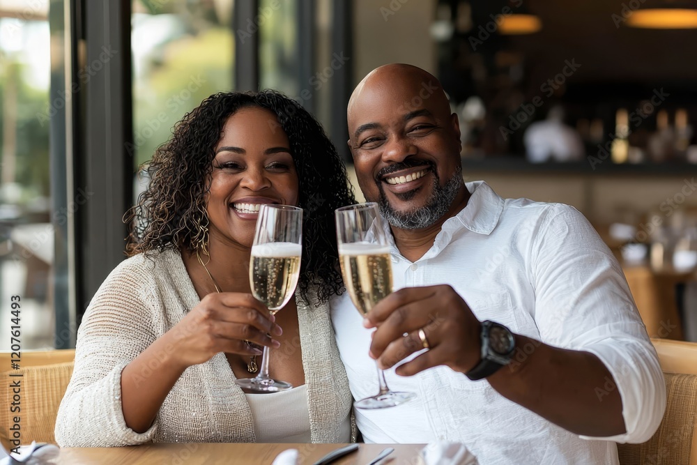 Smiling couple sitting at a café table, clinking glasses of champagne in celebration. Smiling couple sitting at a café table, clinking glasses of champagne in celebration.