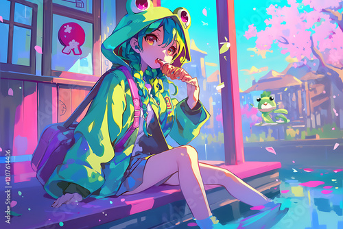 Young girl in a frog hoodie enjoying ice cream by a serene pond surrounded by cherry blossoms