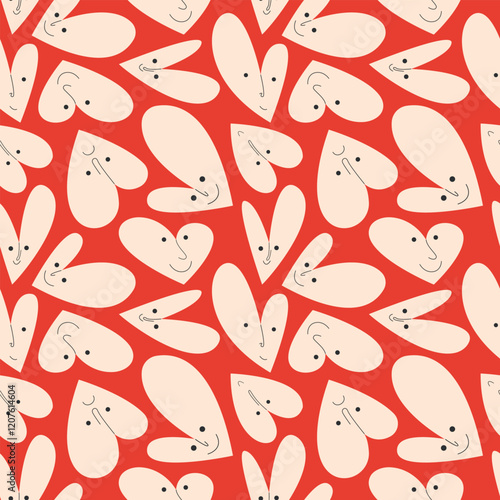 Red Valentine's Day romantic seamless pattern with beige funky hearts. Love playful background for february 14