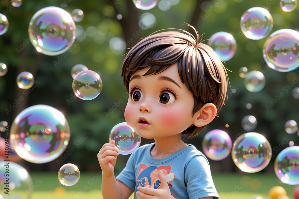 Adorable Toddler Boy Playing with Soap Bubbles Outdoors in Sunny Park Adorable Toddler Boy Playing with Soap Bubbles Outdoors in Sunny Park