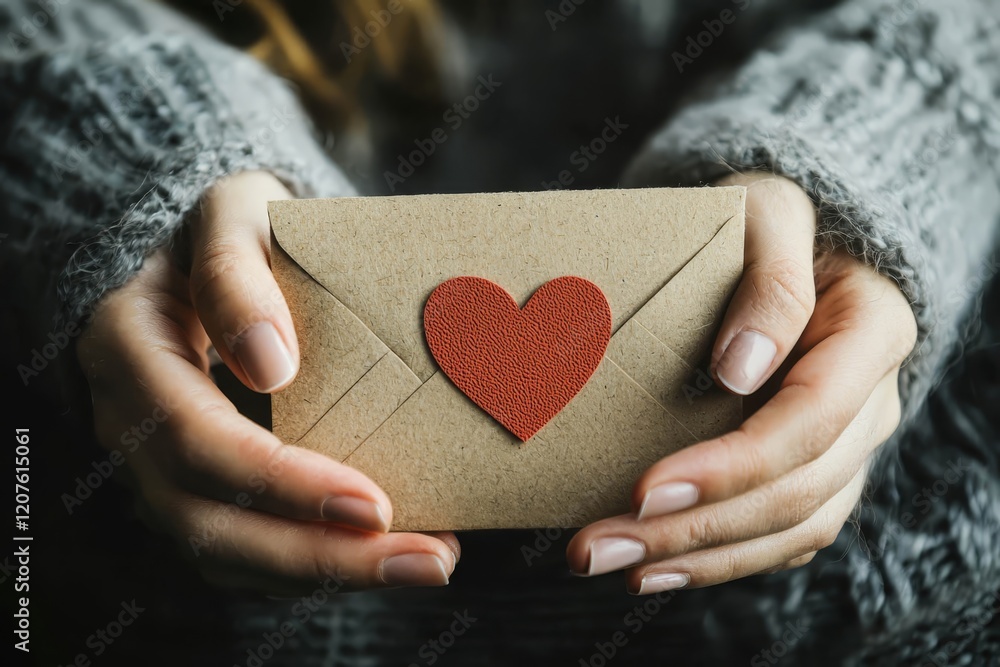 Woman’s hands holding a handwritten love letter with a red heart sticker. Woman’s hands holding a handwritten love letter with a red heart sticker.