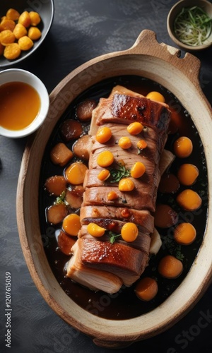 Braised Pork Belly with Salted Egg Yolks and Soy Sauce , braised pork belly, meaty texture photo