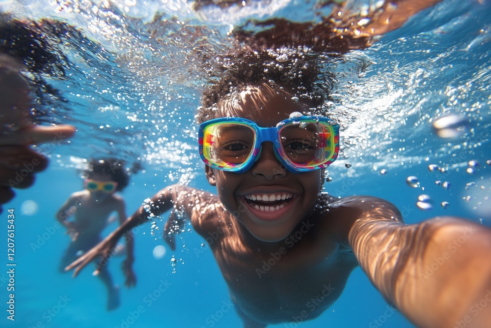Naklejka premium Three happy children playing and smiling underwater with colorful goggles.