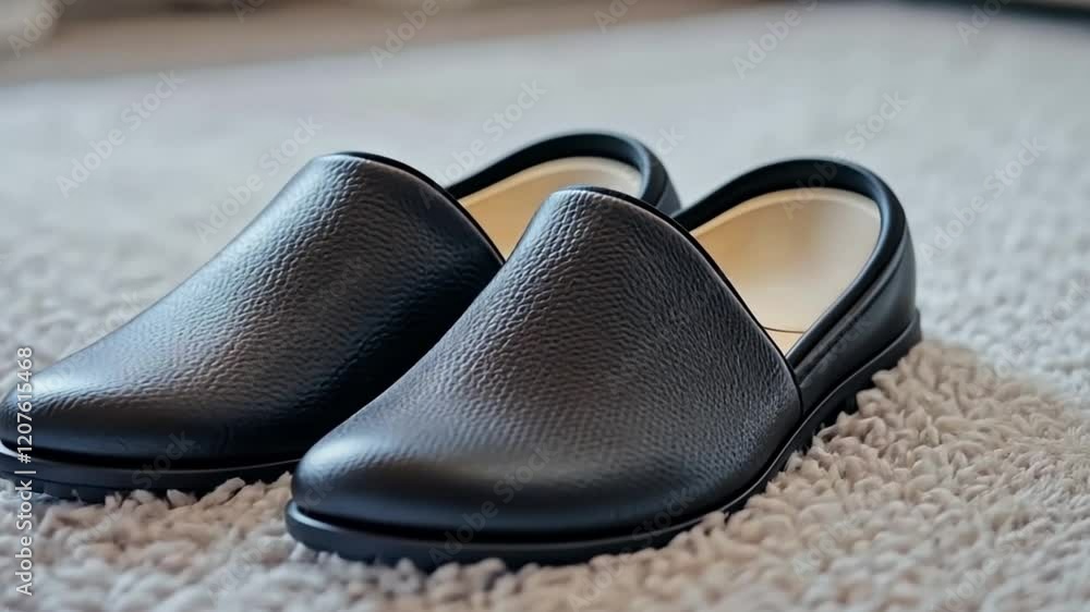 Elegant black slippers placed on a cozy rug. They offer comfort and style for indoor use. Ideal for lounging at home. A perfect accessory for a calm environment. Generative AI Elegant black slippers placed on a cozy rug. They offer comfort and style for indoor use. Ideal for lounging at home. A perfect accessory for a calm environment. Generative AI