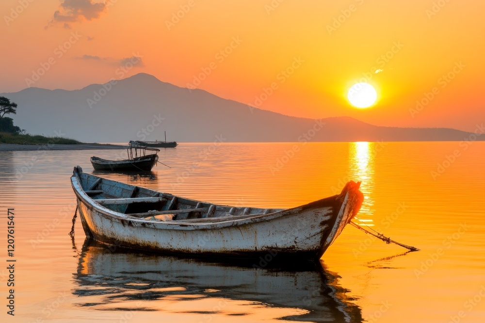 A peaceful sunset over Lake Kariba, with fishing boats silhouetted against the fiery sky and calm waters A peaceful sunset over Lake Kariba, with fishing boats silhouetted against the fiery sky and calm waters