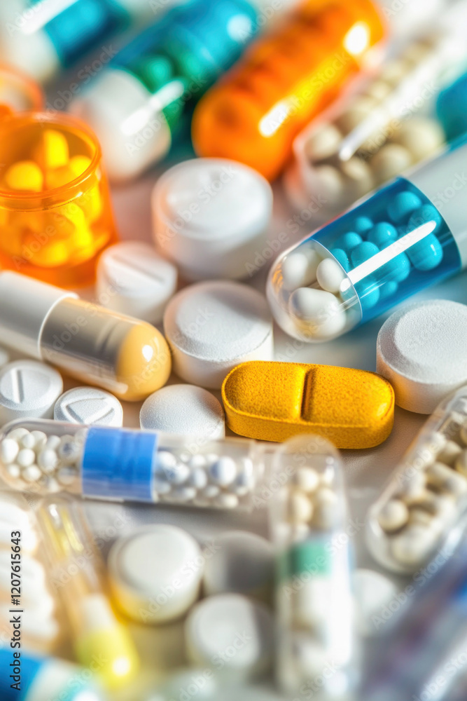 Colorful pills, tablets, and capsules creating a vibrant medical background Colorful pills, tablets, and capsules creating a vibrant medical background