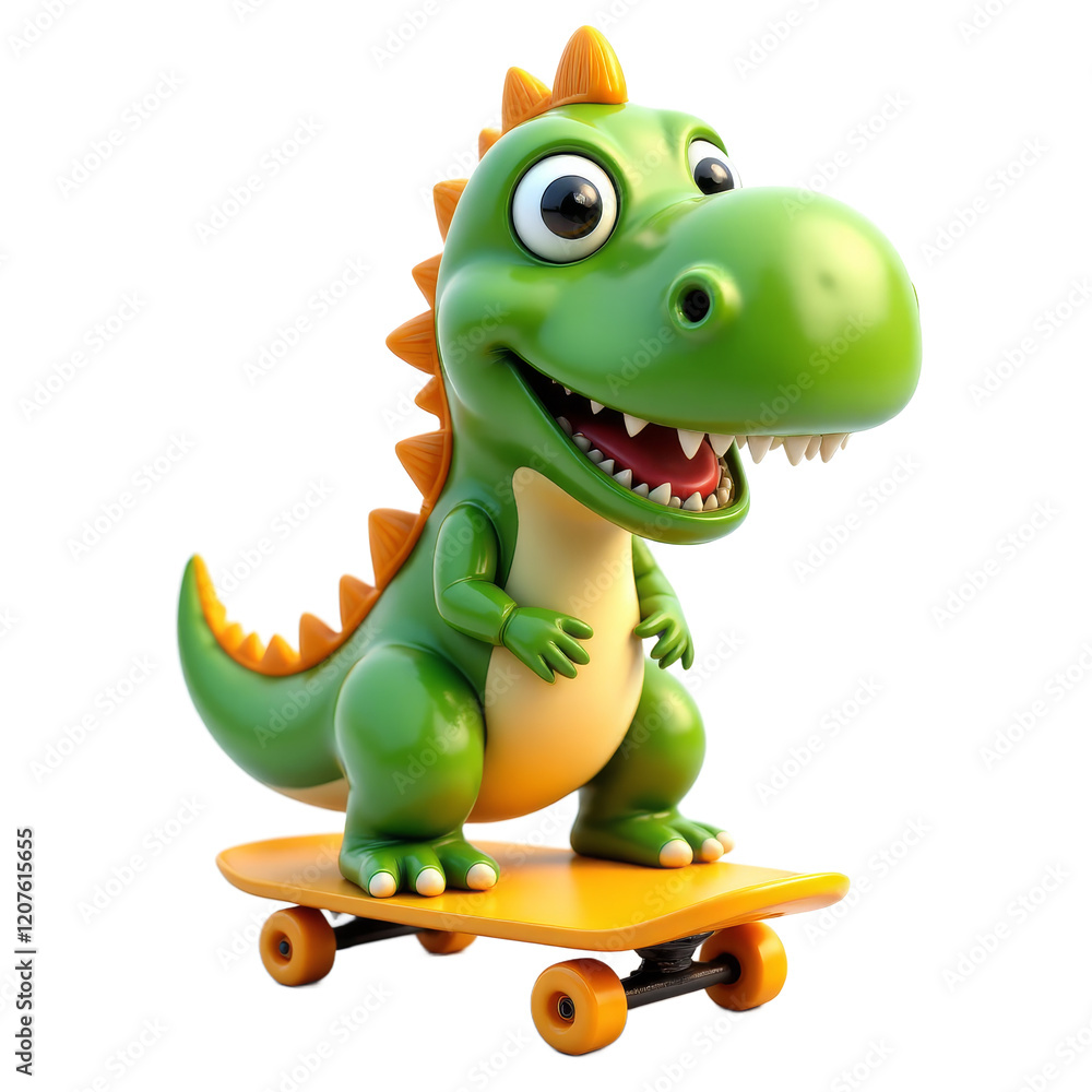 Fototapeta premium Green cartoon dinosaur on a yellow skateboard transparent background