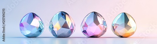 This artistic Easter card features 3D geometric shapes designed as pastel-colored eggs with metallic finishes and glowing edges, set against a clean background for a futuristic touch