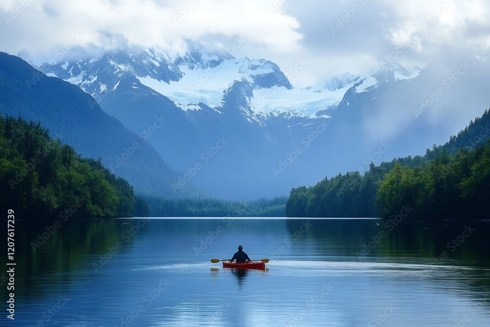 Kayaker paddling in a mountain lake with glacier in background Kayaker paddling in a mountain lake with glacier in background