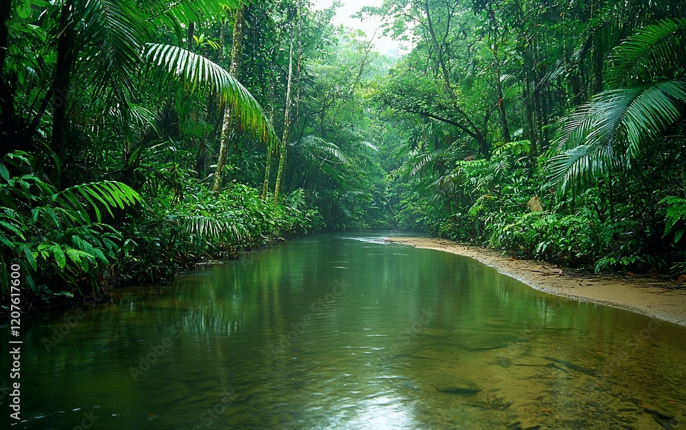 Obraz premium Lush green rainforest with calm river.