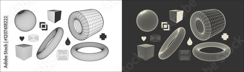 Vector graphic asset in a retro futuristic style, featuring wireframe elements in various forms and bold modern shapes. sphere, cube, tube, torus, isolated on transparent background