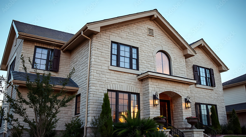 Luxury Home Exterior: Modern Stone Architecture Design. Stunning curb appeal with elegant landscaping and a beautiful evening sky backdrop. Luxury Home Exterior: Modern Stone Architecture Design. Stunning curb appeal with elegant landscaping and a beautiful evening sky backdrop.