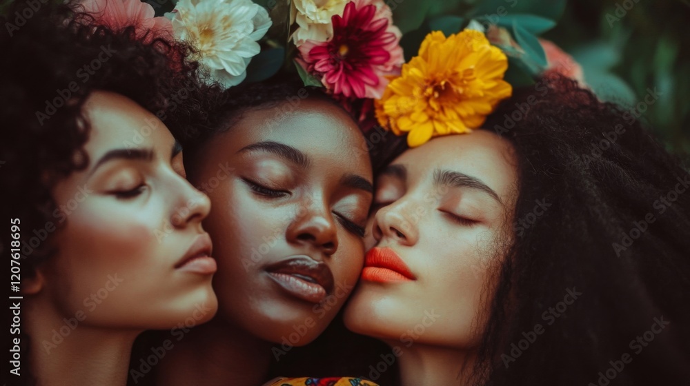 Obraz premium Serene Portrait of Three Women with Flowers