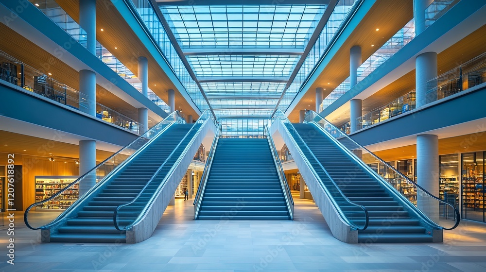 Fototapeta premium An interior staircase in a building with a glass roof structure, offering a wide-angle abstract view. A fragment of a blue interior with the ceiling, reflecting successful industrial architecture in a
