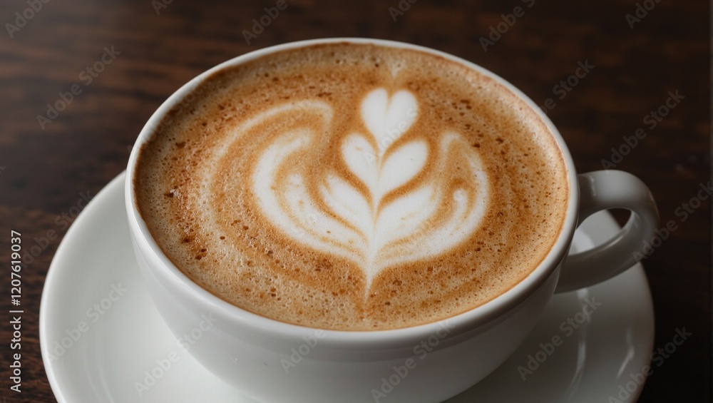 Rich espresso coffee with intricate latte art on white cup set on dark wooden background Rich espresso coffee with intricate latte art on white cup set on dark wooden background
