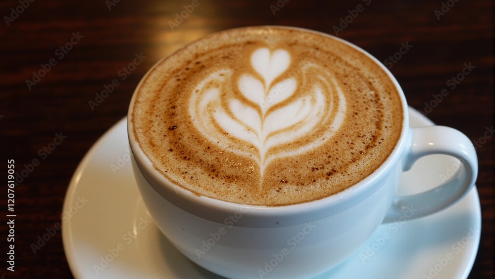 Rich espresso coffee with intricate latte art on white cup set on dark wooden background Rich espresso coffee with intricate latte art on white cup set on dark wooden background