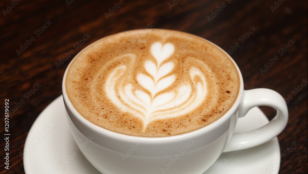 Rich espresso coffee with intricate latte art on white cup set on dark wooden background Rich espresso coffee with intricate latte art on white cup set on dark wooden background