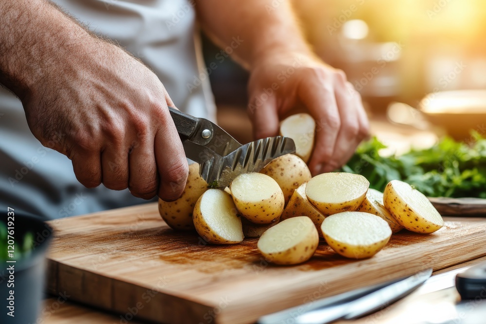 The image shows hands skillfully slicing freshly harvested potatoes on a wooden cutting board, with a bright environment that emphasizes culinary creativity and hard work. The image shows hands skillfully slicing freshly harvested potatoes on a wooden cutting board, with a bright environment that emphasizes culinary creativity and hard work.