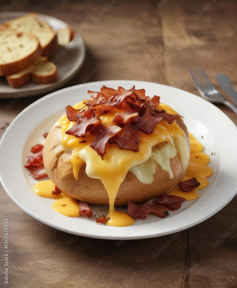Baked swiss potato with melted cheddar cheese and chopped cooked bacon served on a white plate, baked potato, potatoes Baked swiss potato with melted cheddar cheese and chopped cooked bacon served on a white plate, baked potato, potatoes